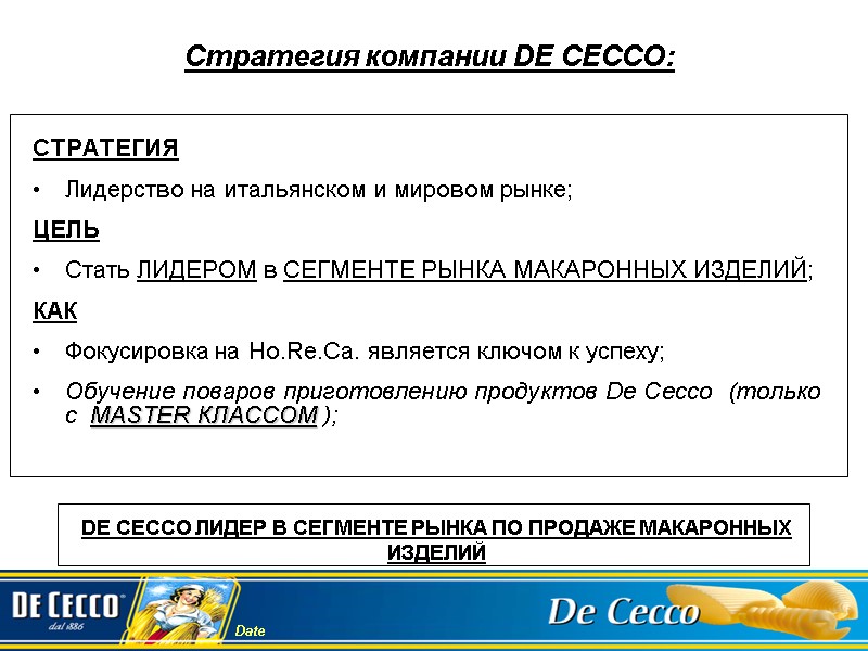 Стратегия компании DE CECCO:  СТРАТЕГИЯ Лидерство на итальянском и мировом рынке; ЦЕЛЬ Стать
